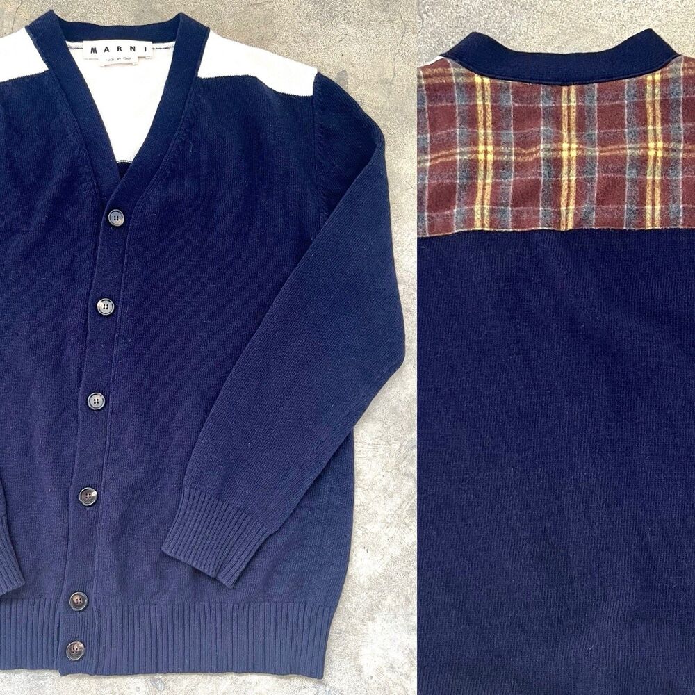 Marni Mens Wool Grandpa Cardigan Size 50 L Made in Italy Plaid Button Front Navy